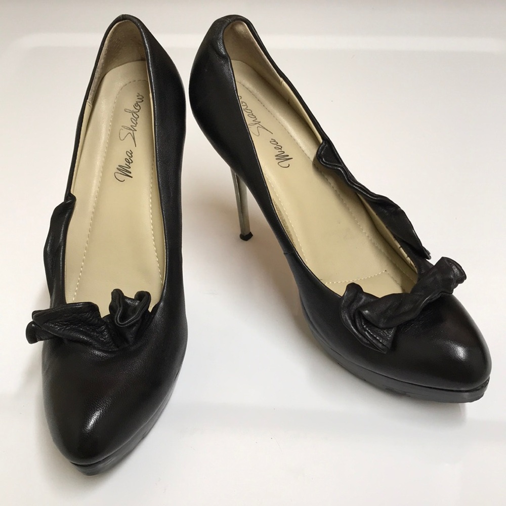 Mea Shadow black leather platform heels with ruffles